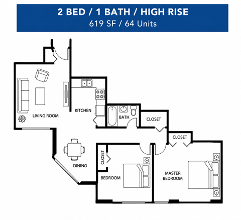 Floor plan for 2 beds, 1 bath, 619 sqft